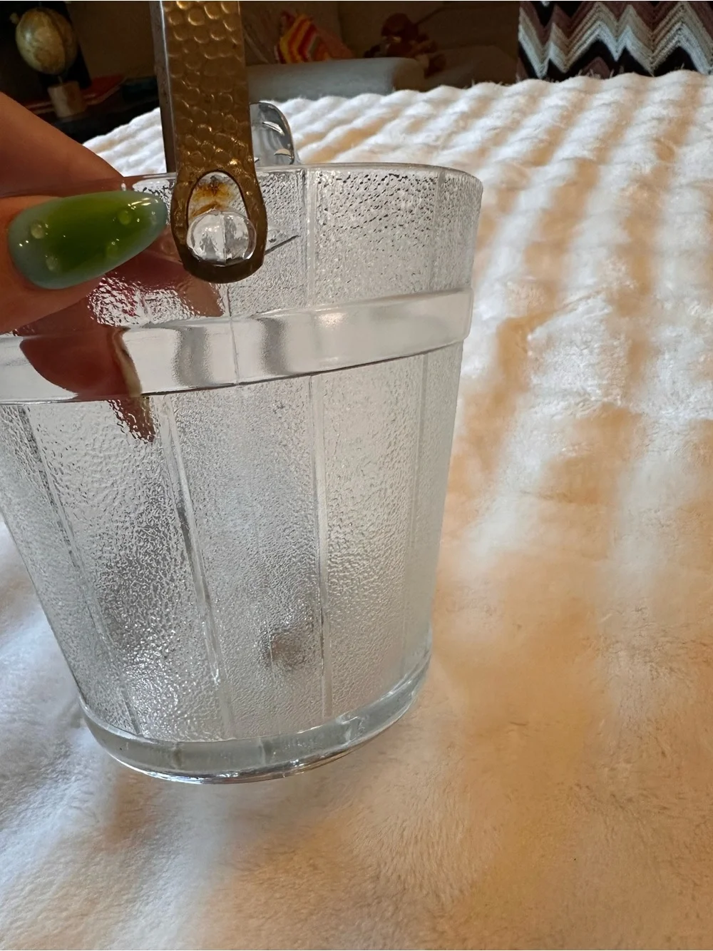Vintage Textured Glass Ice Bucket with Metal Handle & Tongs